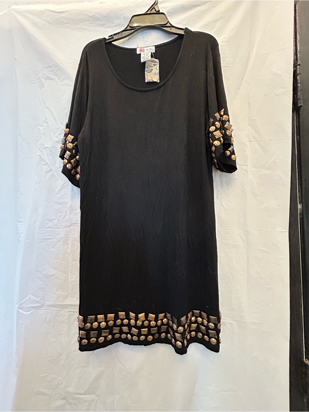 Glam Junior’s Solid Black Tunic Dress with Gold Stud Accents Sz L NWWT